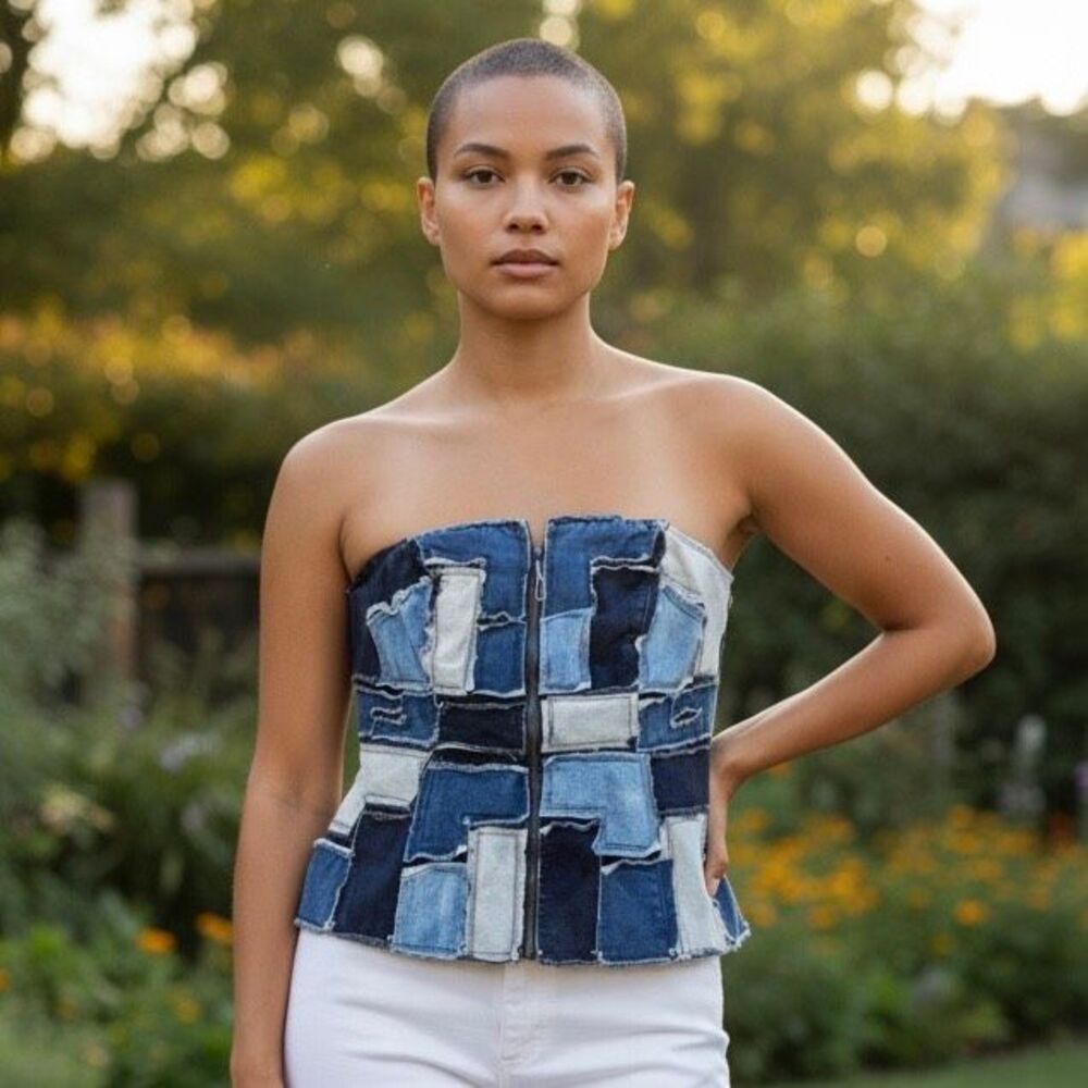 6th & Lane Denim‎ Patchwork Front Zip Stretchy Removable Straps Plus Sz 24 Top